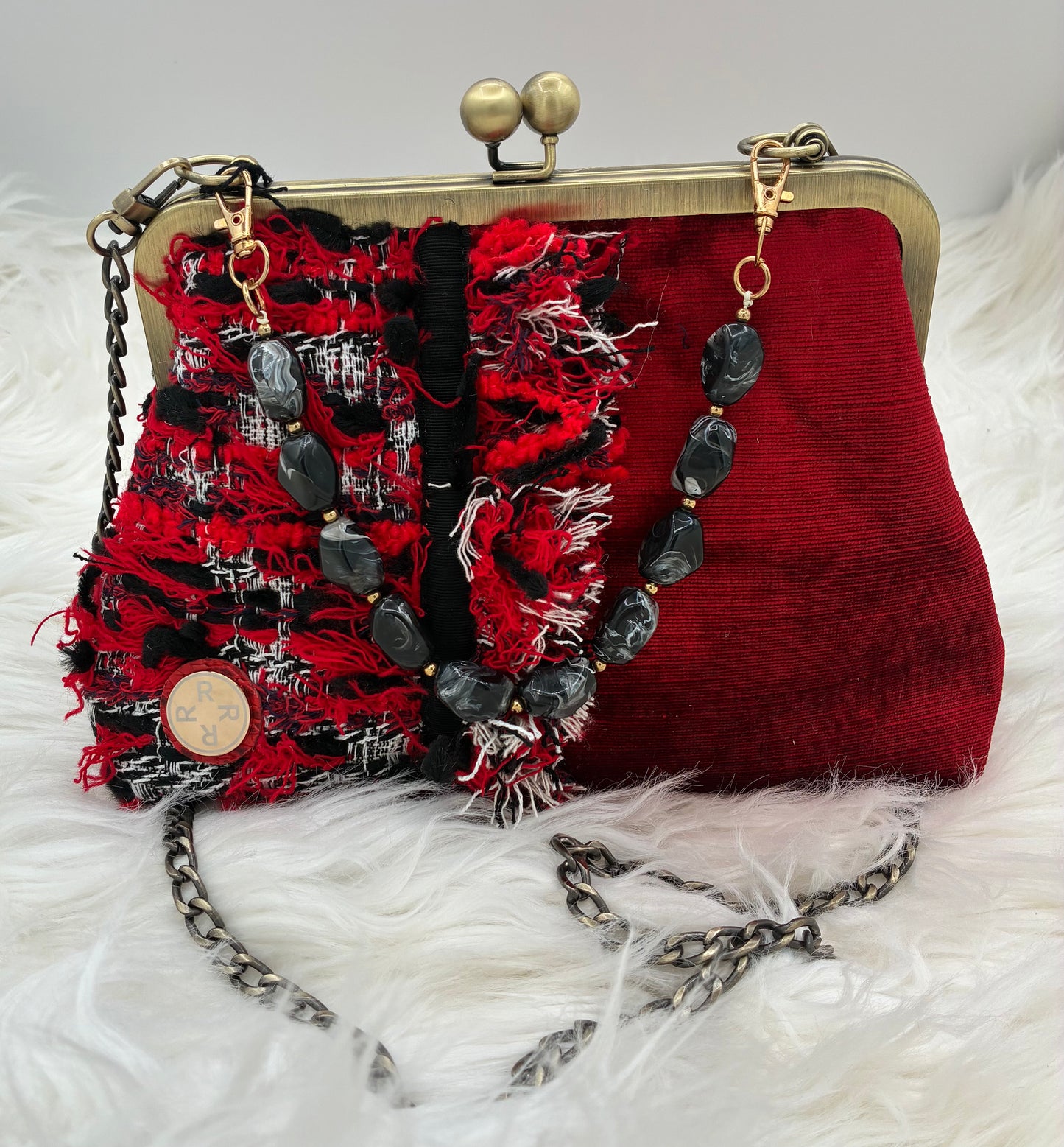 Red Parisian Tweed and velvet Metal-Frame Handbag