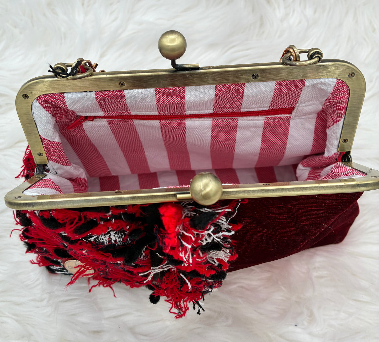 Red Parisian Tweed and velvet Metal-Frame Handbag