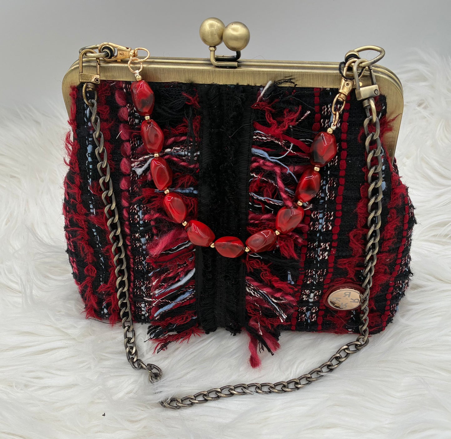 Red Parisian Tweed Metal-Frame Handbag