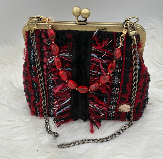 Red Parisian Tweed Metal-Frame Handbag