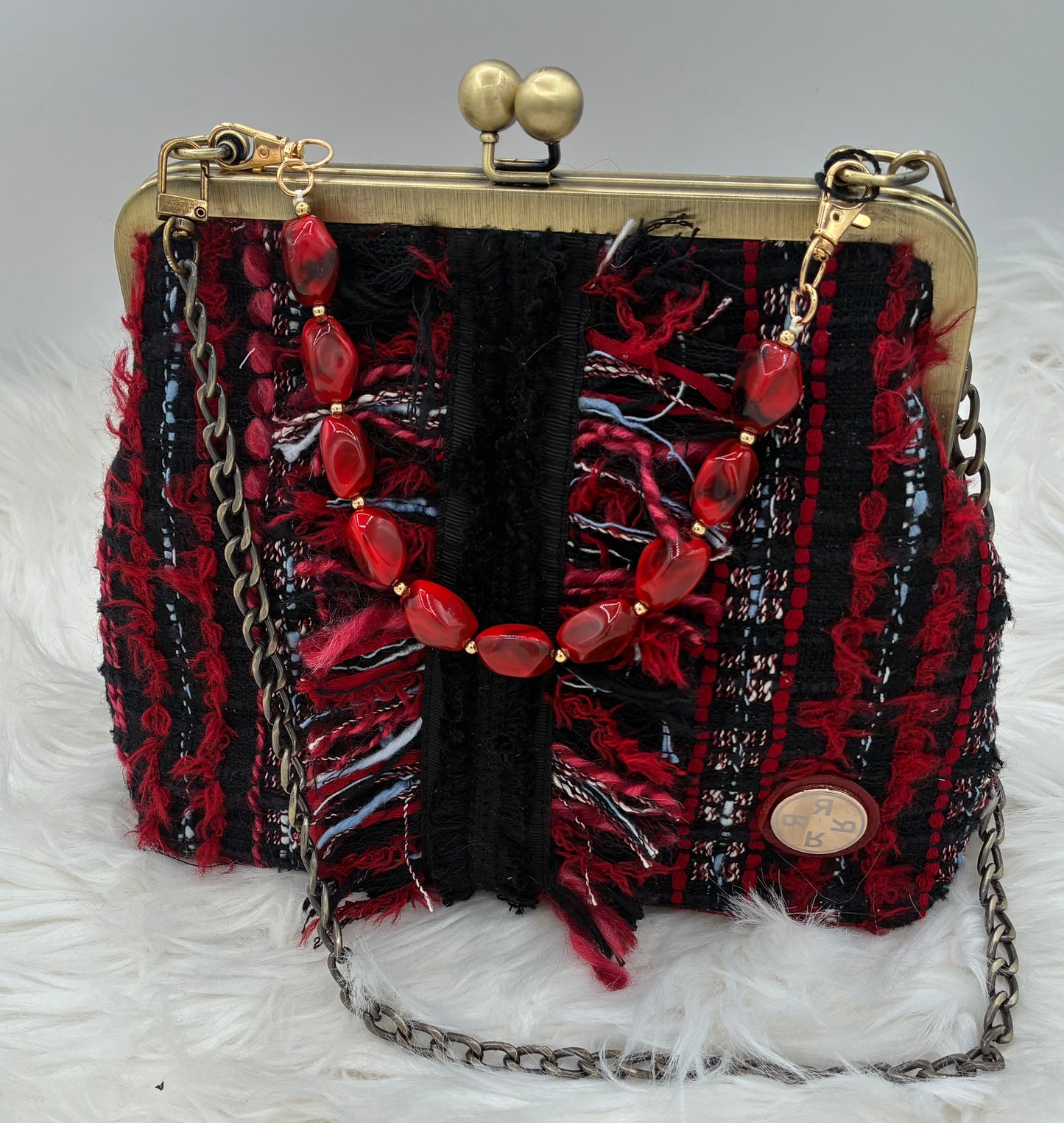 Red Parisian Tweed Metal-Frame Handbag