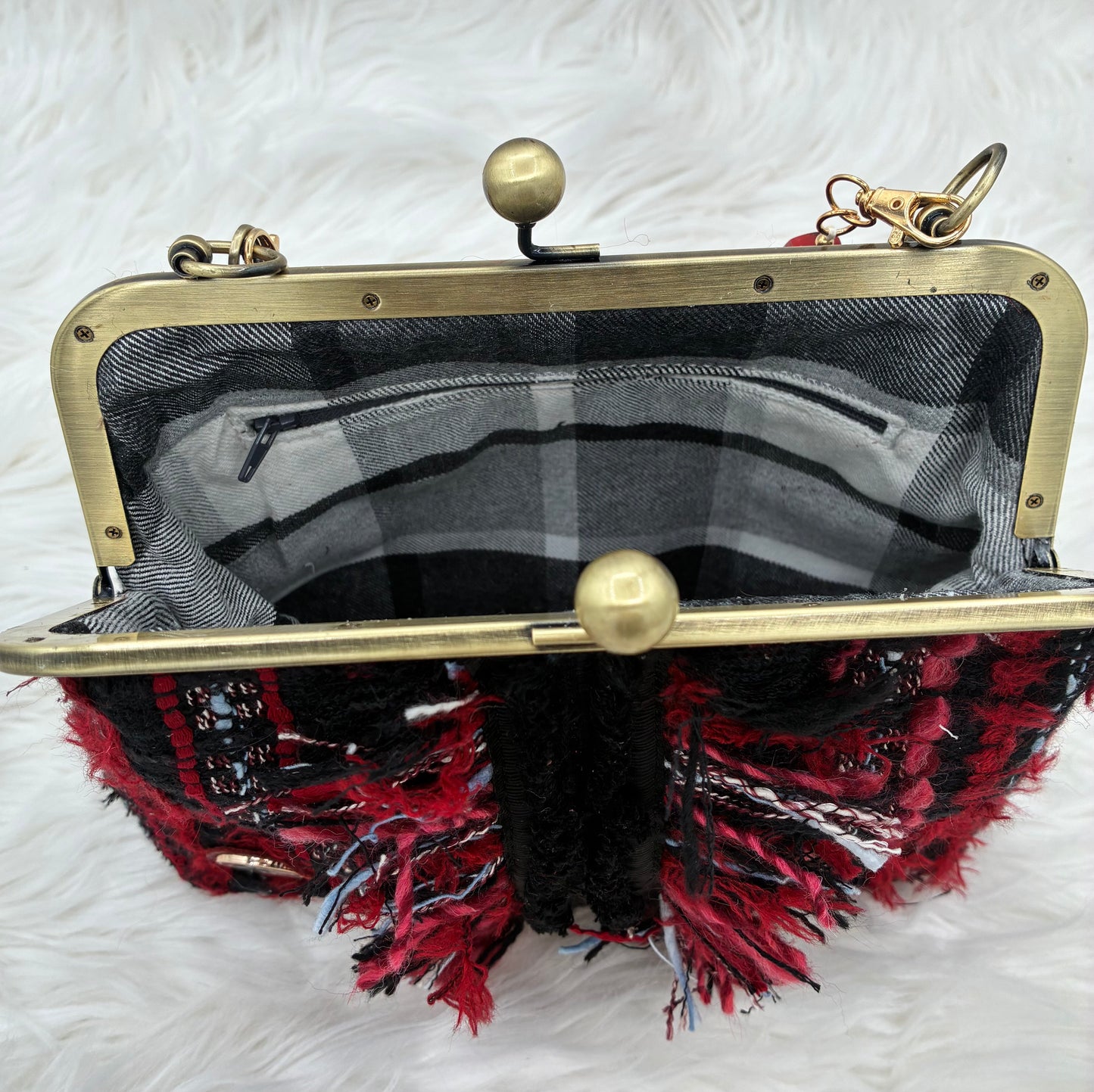 Red Parisian Tweed Metal-Frame Handbag