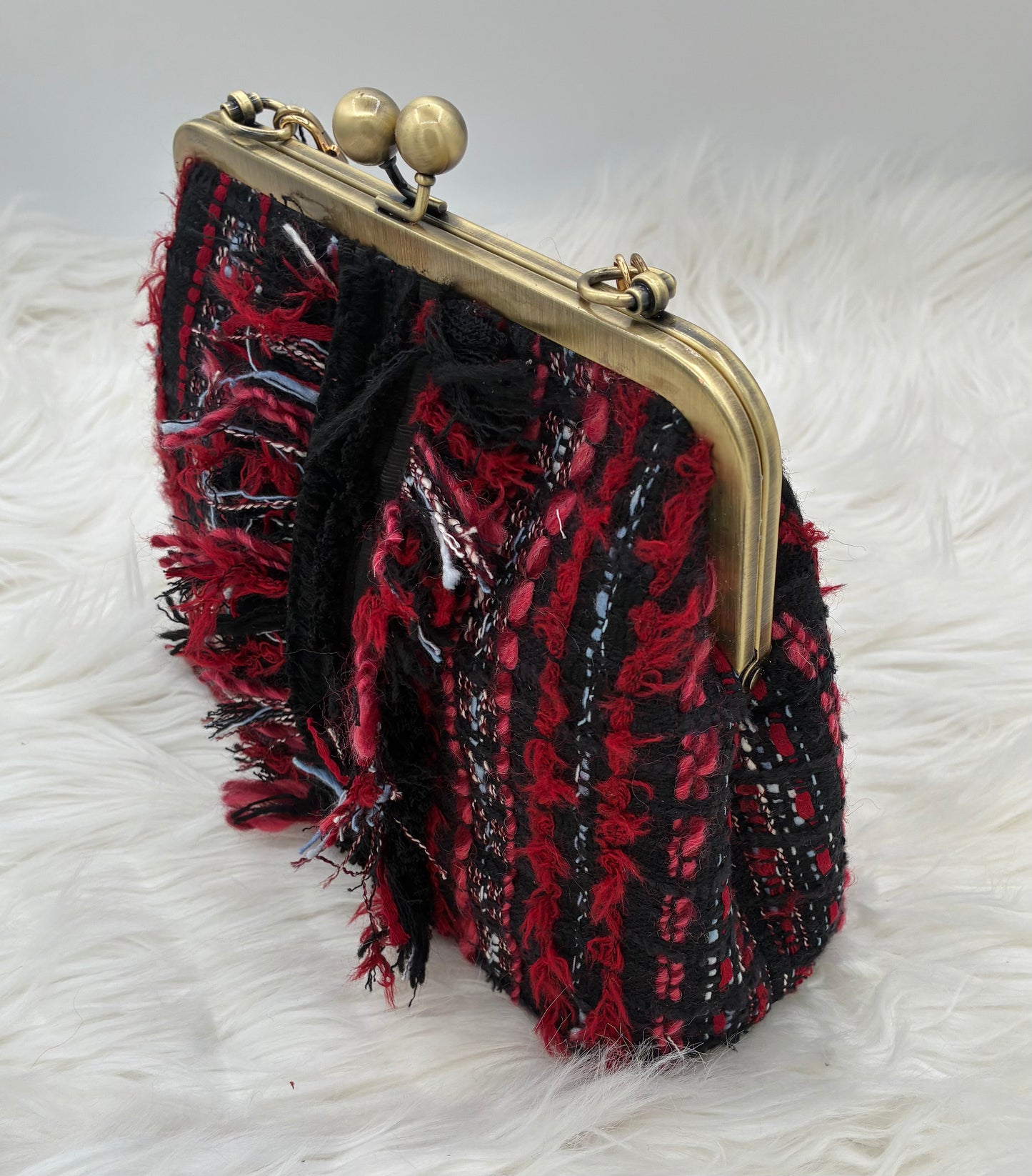 Red Parisian Tweed Metal-Frame Handbag