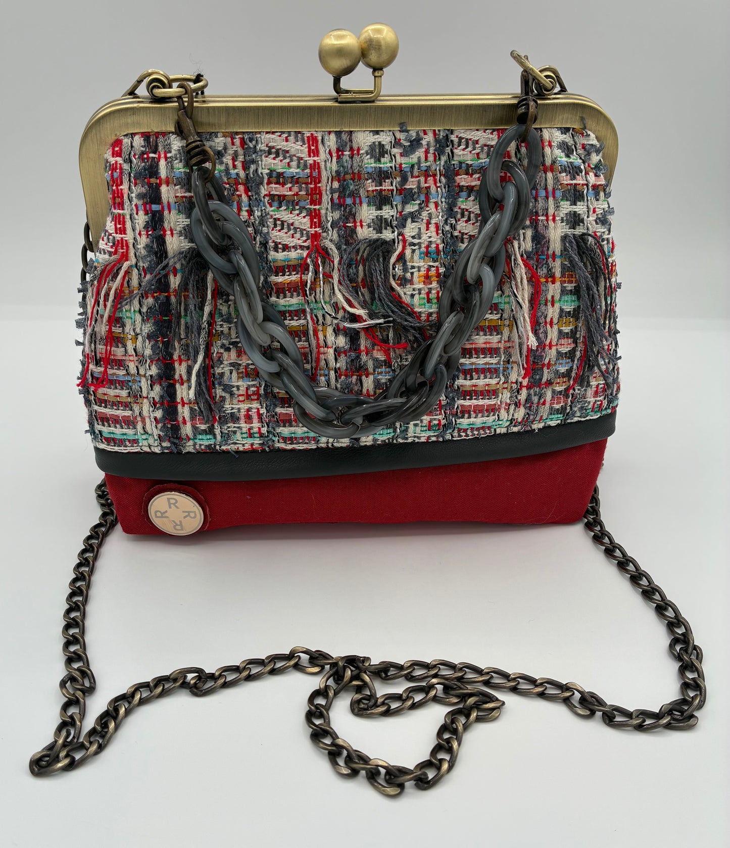 Red and Grey Parisian Tweed  Metal-Frame Handbag