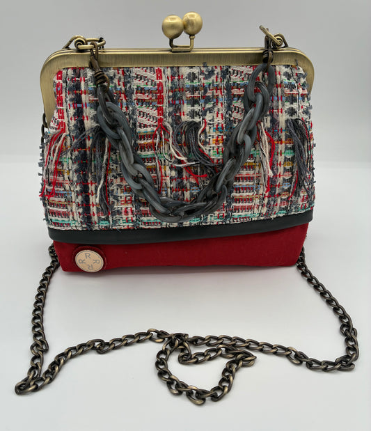 Red and Grey Parisian Tweed  Metal-Frame Handbag