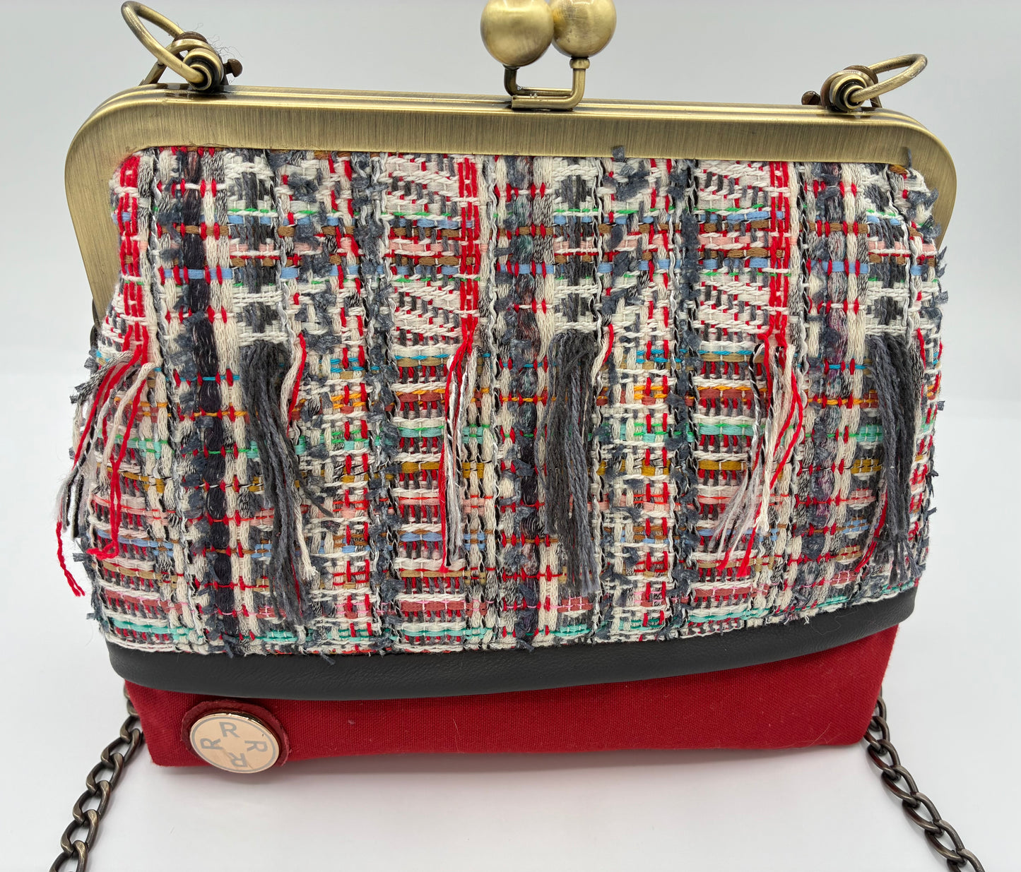 Red and Grey Parisian Tweed  Metal-Frame Handbag