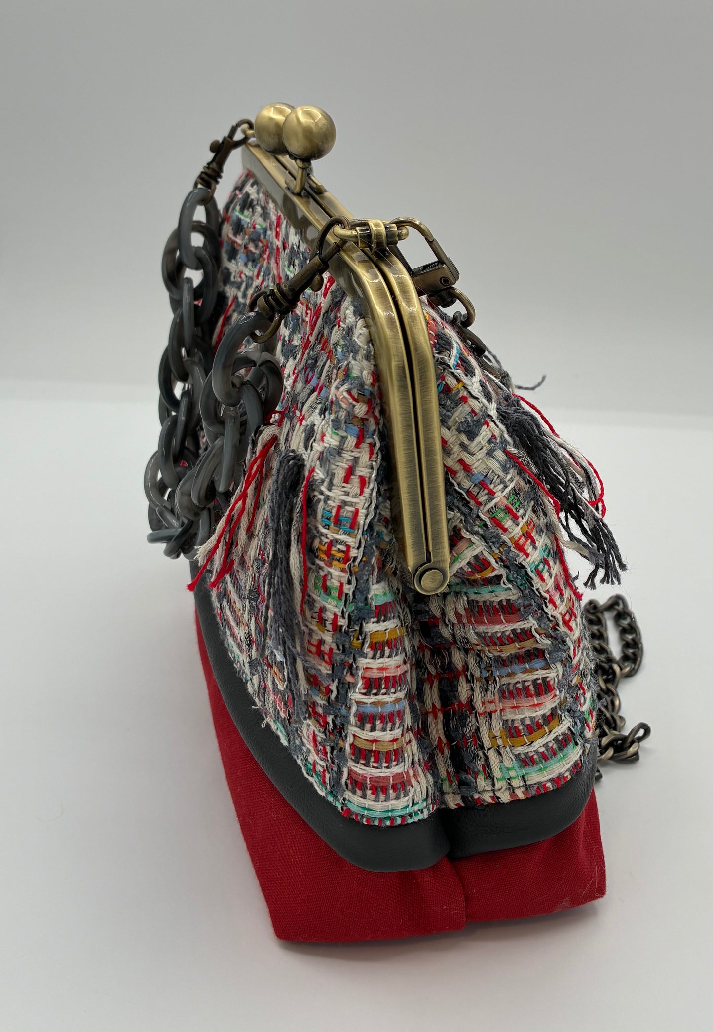 Red and Grey Parisian Tweed  Metal-Frame Handbag