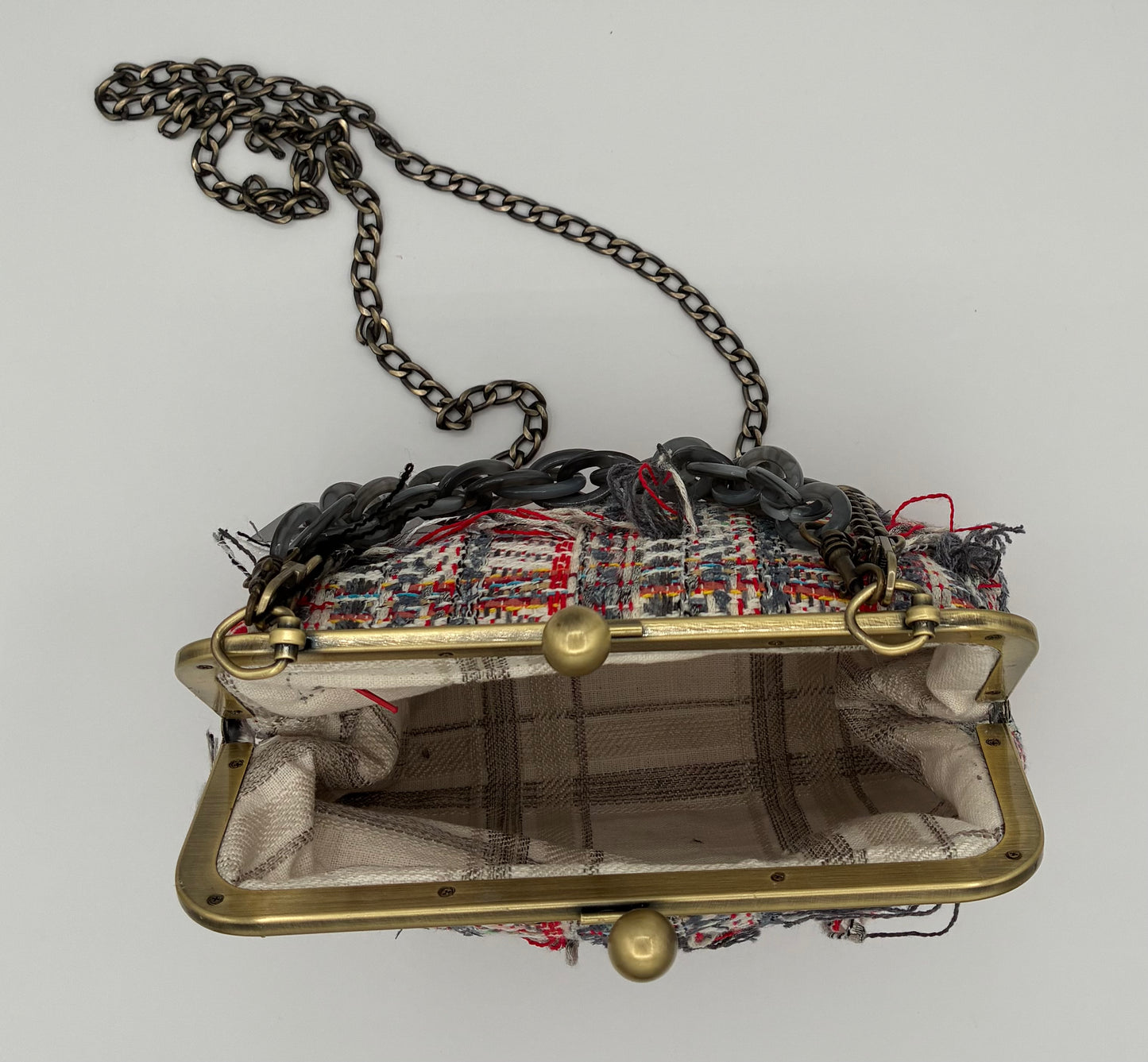 Red and Grey Parisian Tweed  Metal-Frame Handbag