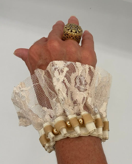 Lace Cuffs cream with ribbon and bead detail