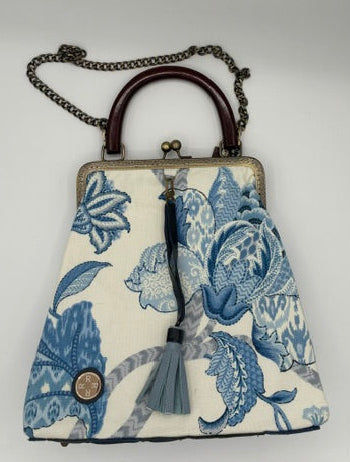 Blue floral toile  Kiss lock handbag