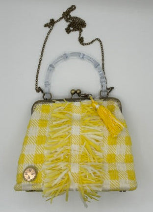 A small yellow and white checkered clutch purse with fringe detailing, a light blue translucent handle, and a gold-tone clasp, displayed on a white background.