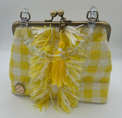 A yellow and white checkered  purse with a large yellow and white fringed tassel hanging from a metal kiss-lock closure, set against a plain white background.