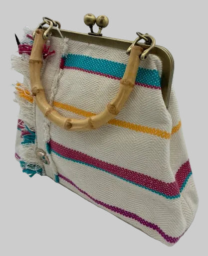 Striped Cotton Tweed Handbag with Bamboo Handle