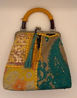 Yellow and Teal Kantha cloth Kiss Lock Handbag